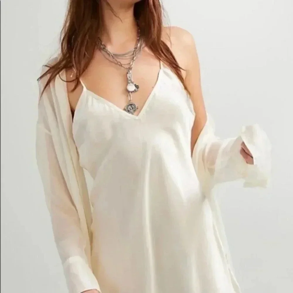 NWT Free People Renata Set 100% Silk Slip Dress Set White Large